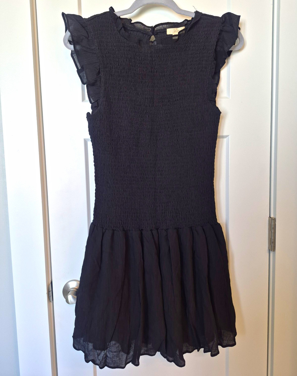 Black Solid Round Neck Smocked Ruffle Mini NWT Dress Size M